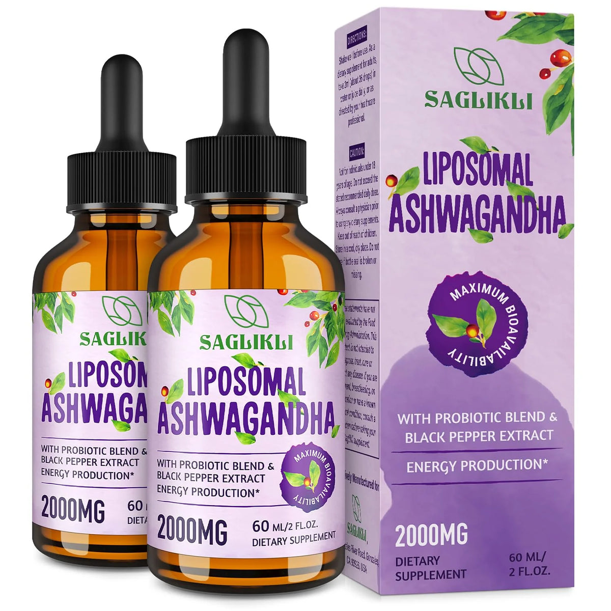 2000mg Ashwagandha Root Extract Liquid Drops with Black Pepper Extract & Probiotics S95296