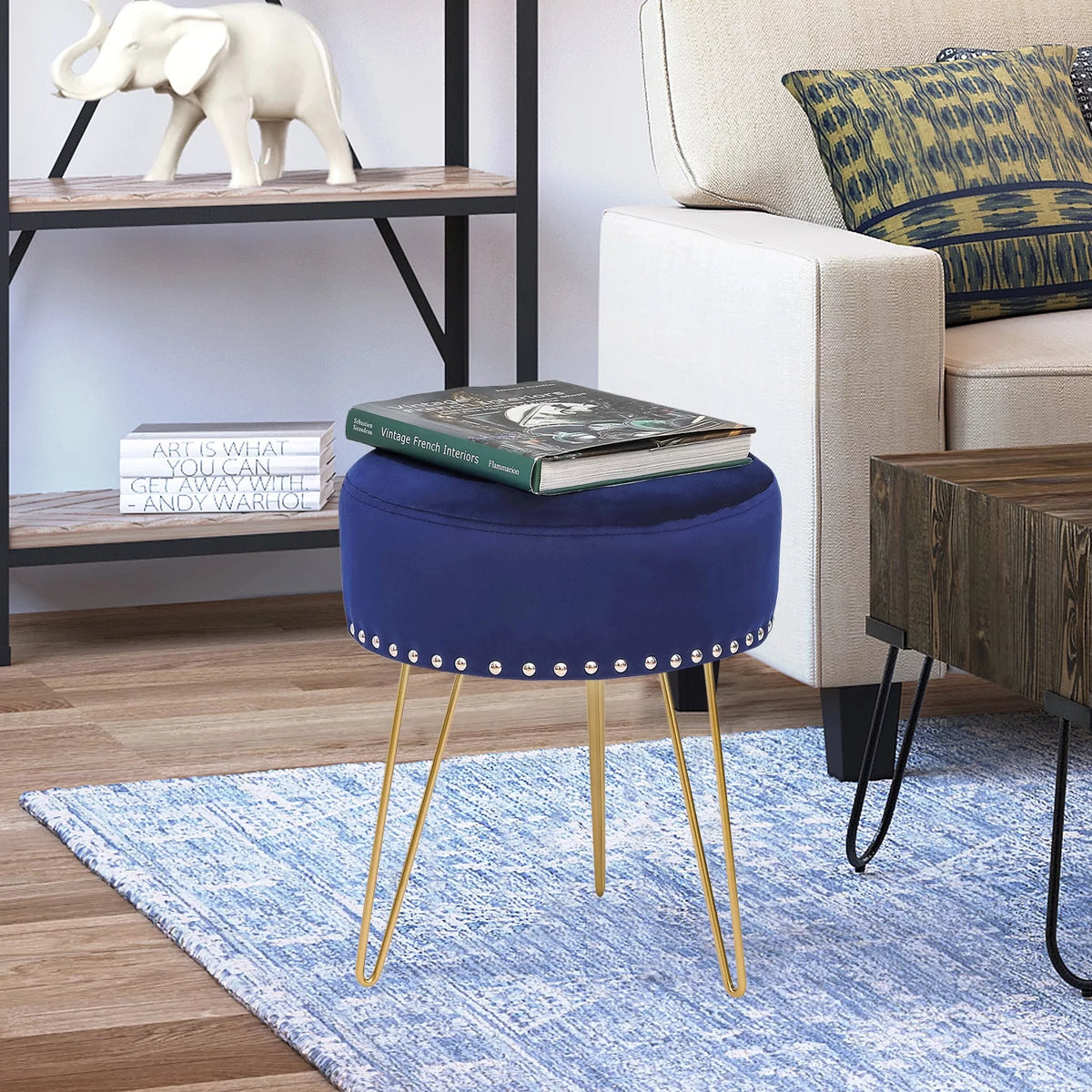 Round Modern Vanity Stool with Golden Metal Leg B750432