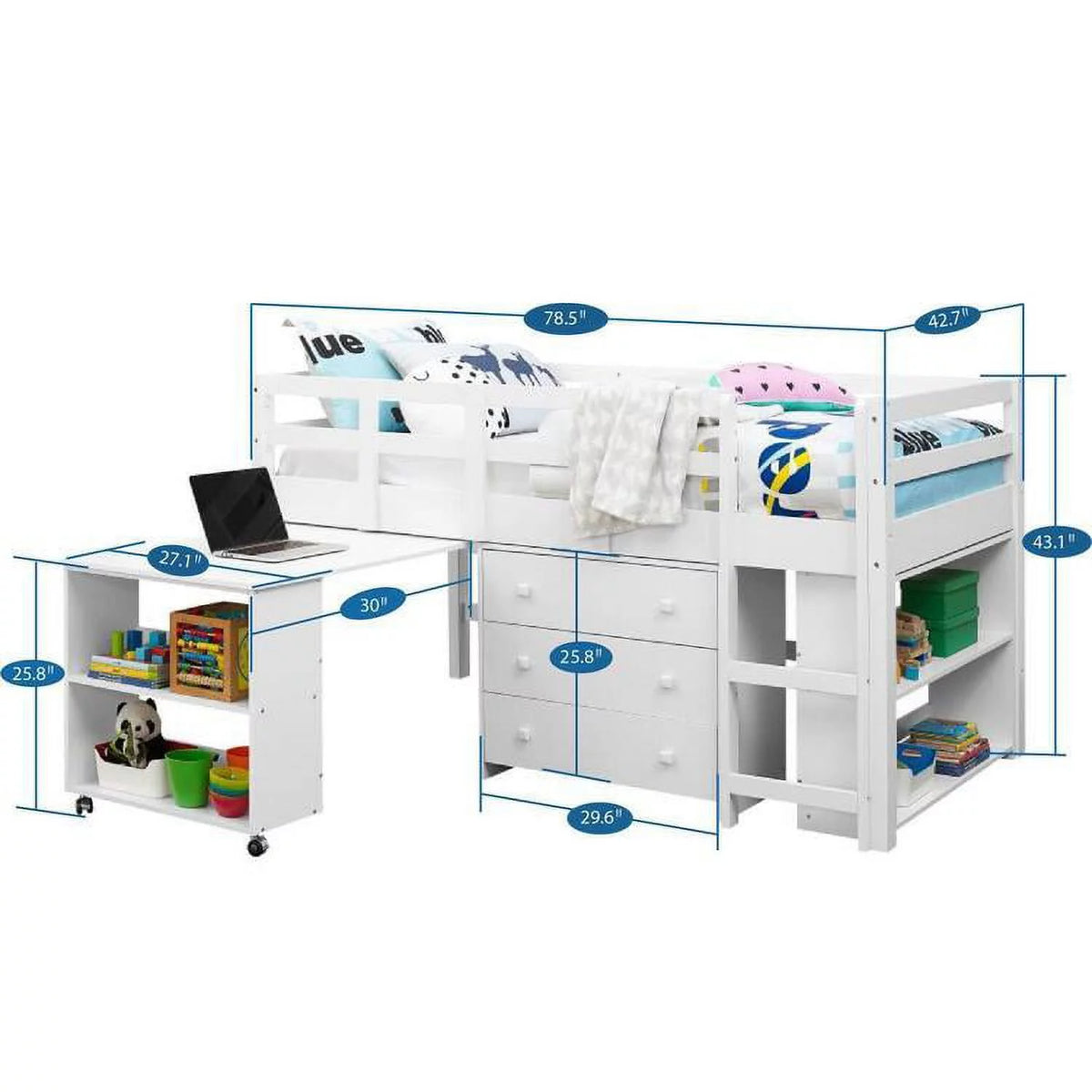 White Twin Size Low Loft Bed with Desk and Storage O8446