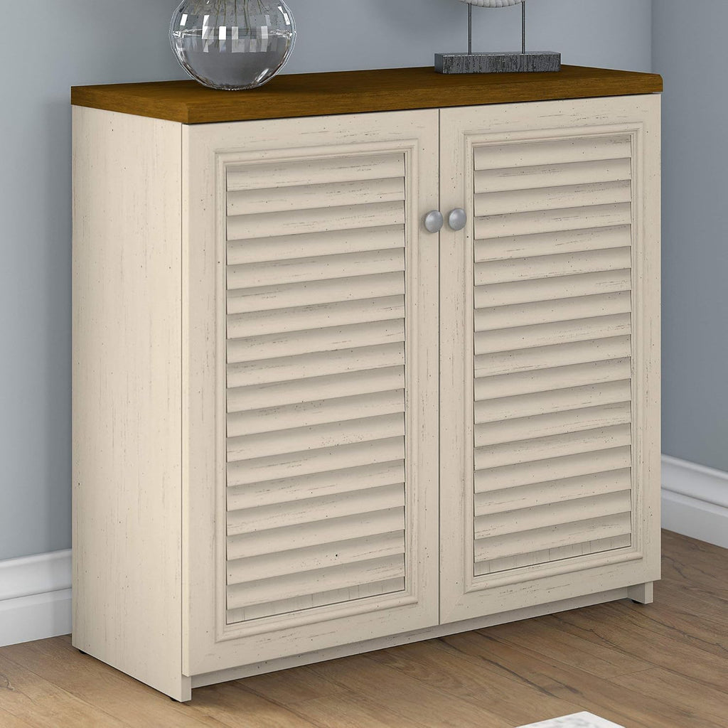 Antique White and Tea Maple Small Storage Cabinet with Doors O72336